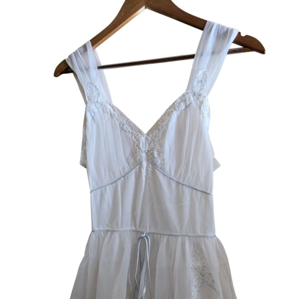 VTG 50s White Sheer Nylon Embroidered Nightgown Peignoir Dress - Coquette S/ - Picture 3 of 16